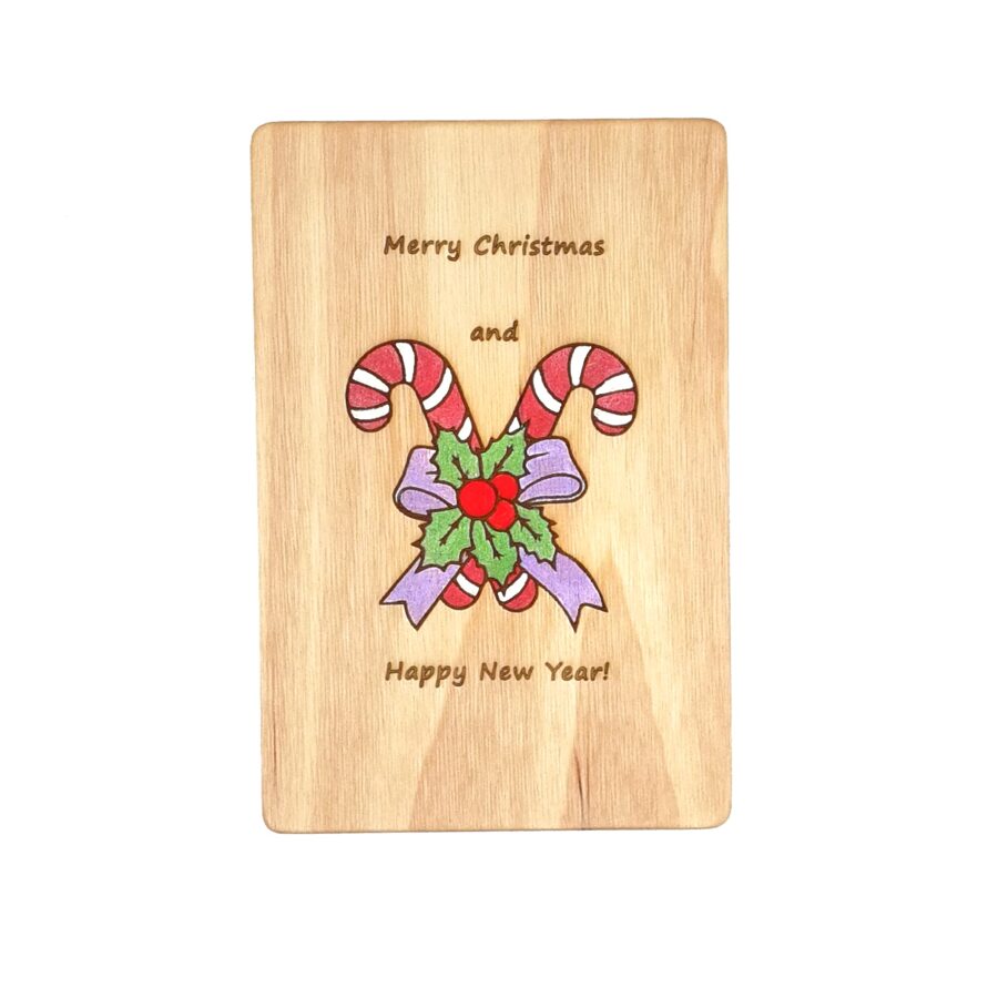 Christmas wooden greeting card "Merry Christmas and Happy New Year" (with candies)