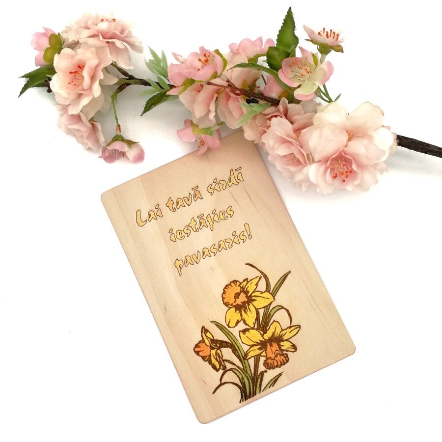 Wooden greeting card "Wishing that the Spring blooms your each day with Happiness"