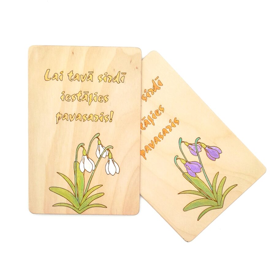 Wooden greeting card "Wishing that the Spring blooms your each day with Happiness"